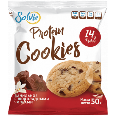 Печенье "Protein cookies" ванильное с шоколадными чипсами без сахара, Solvie, 50 г Печенье "Protein cookies" ванильное с шоколадными чипсами без сахара, Solvie, 50 г