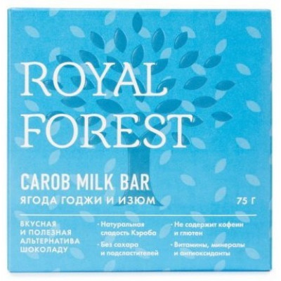 Шоколад из кэроба с ягодой годжи и изюмом, Royal Forest, 75 г Шоколад из кэроба с ягодой годжи и изюмом, Royal Forest, 75 г